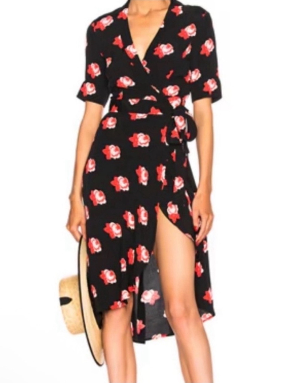 Ganni Black Wrap Midi Dress with Red Floral Print